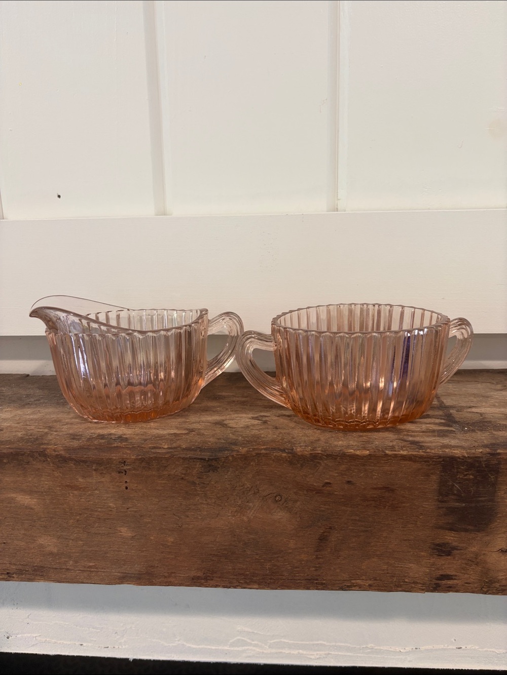 Vintage Depression Pink Glass Ribbed Creamer and Sugar Set